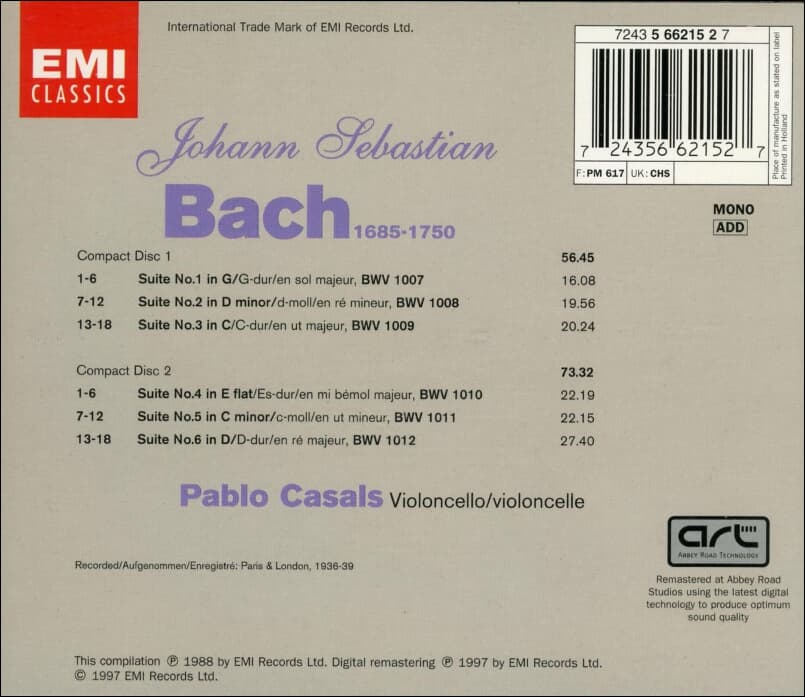 바흐 (Johann Sebastian Bach) : 무반주 첼로 모음곡 전곡집 (The 6 Cello Suites) - 파블로 카잘스 (Pablo Casals) (유럽발매)(2cd)