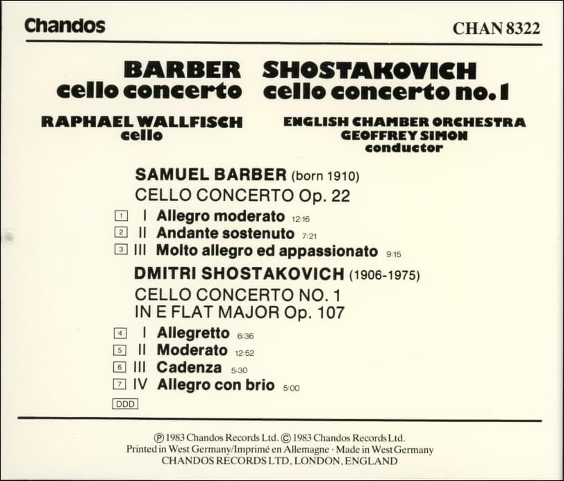 쇼스타코비치 (Shostakovich) , 바버 (Barber) : Cello Concerto No.1 - 발피쉬 (Raphael Wallfisch), 사이먼 (Geoffrey Simon) (UK발매)