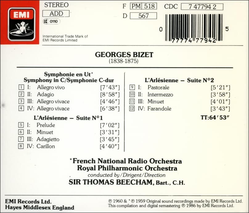 Bizet : Symphony In C, L'Arlesienne - Suites Nos. 1 & 2 - 토마스 비첨 (Thomas Beecham) (UK & Europe발매)