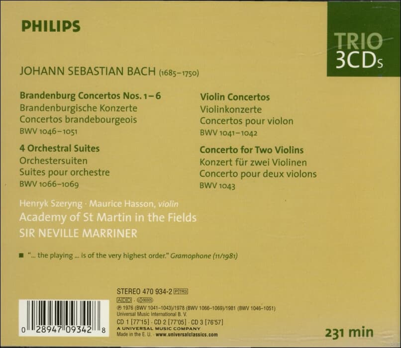 바흐(Bach) : The Brandenburg Concertos브란덴부르크 협주곡 외 -   마리너 (Neville Marriner) (EU발매)(3cd)