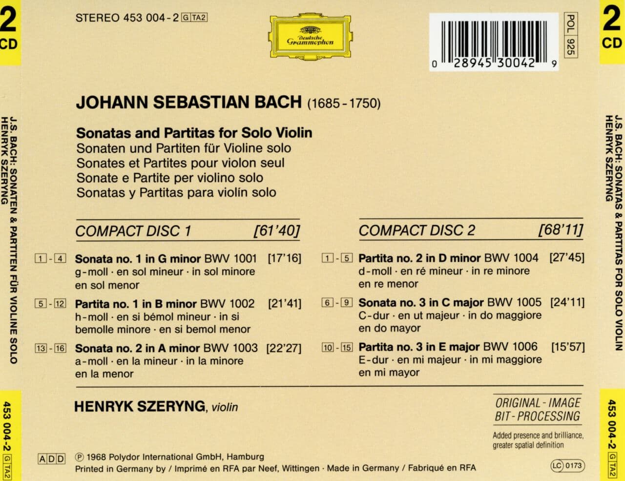 헨릭 쉐링 - Henryk Szeryng - Bach Sonatas & Partitas For Violin 2Cds [독일발매]