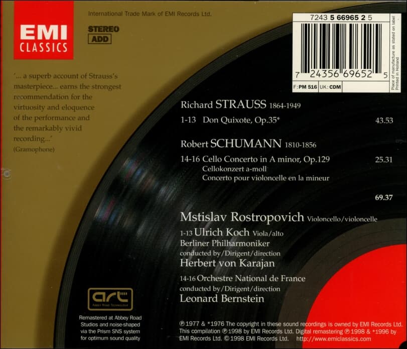 Strauss , Schumann : Don Quixote (돈키호테) , Cello Concerto(첼로 협주곡) - Karajan ,번스타인 (Leonard Bernstein)(유럽발매)