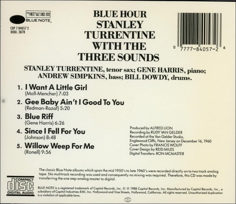 스탠리 튜런틴 (Stanley Turrentine) With The Three Sounds - Blue Hour(US발매)