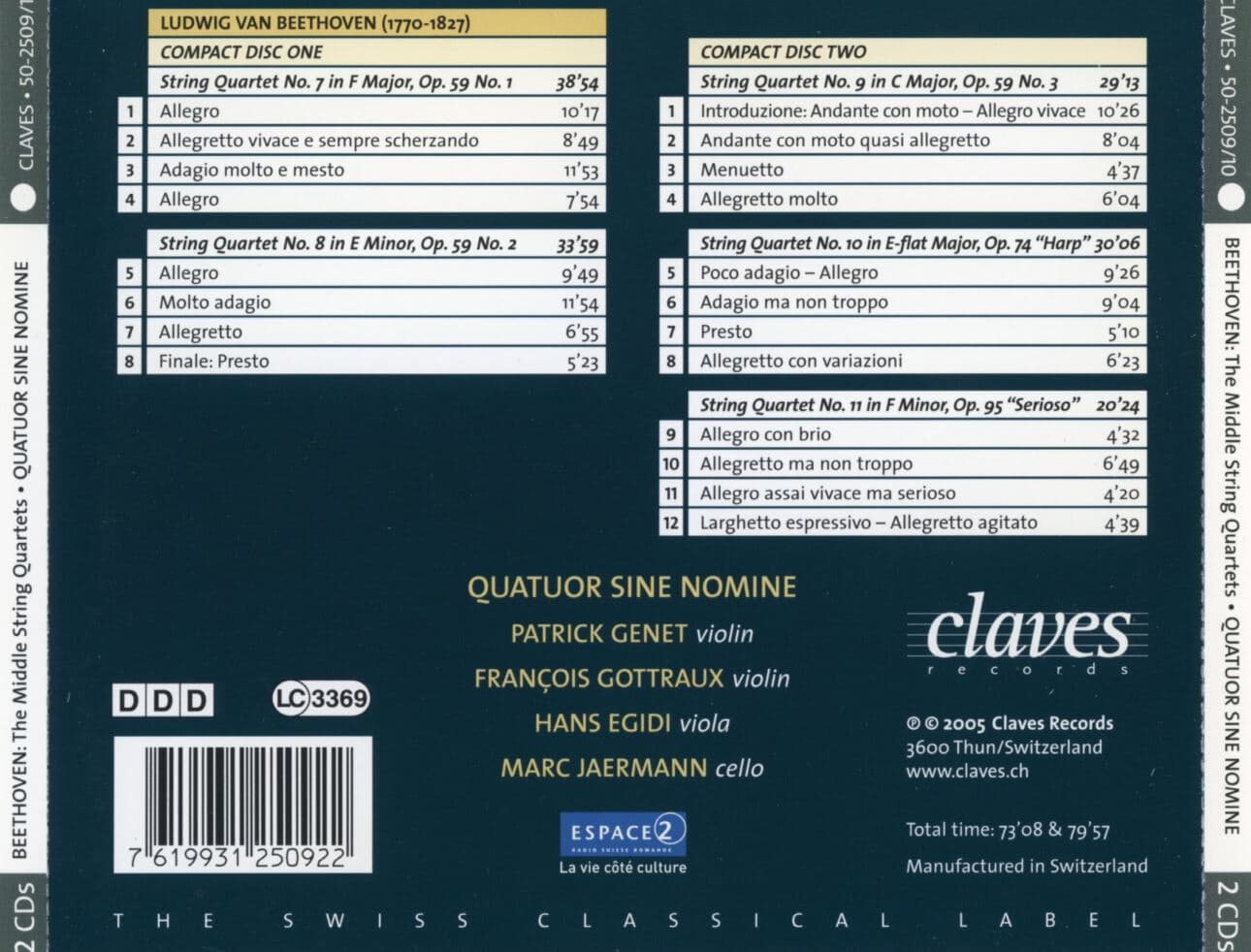 지네 노미네 콰르텟 - Quatuor Sine Nomine - Beethoven The Middle String Quartets 2Cds [스위스발매]