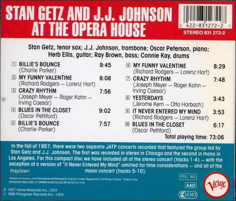 스탄 게츠 (Stan Getz),제이 제이 존슨 (J.J. Johnson) - At The Opera House