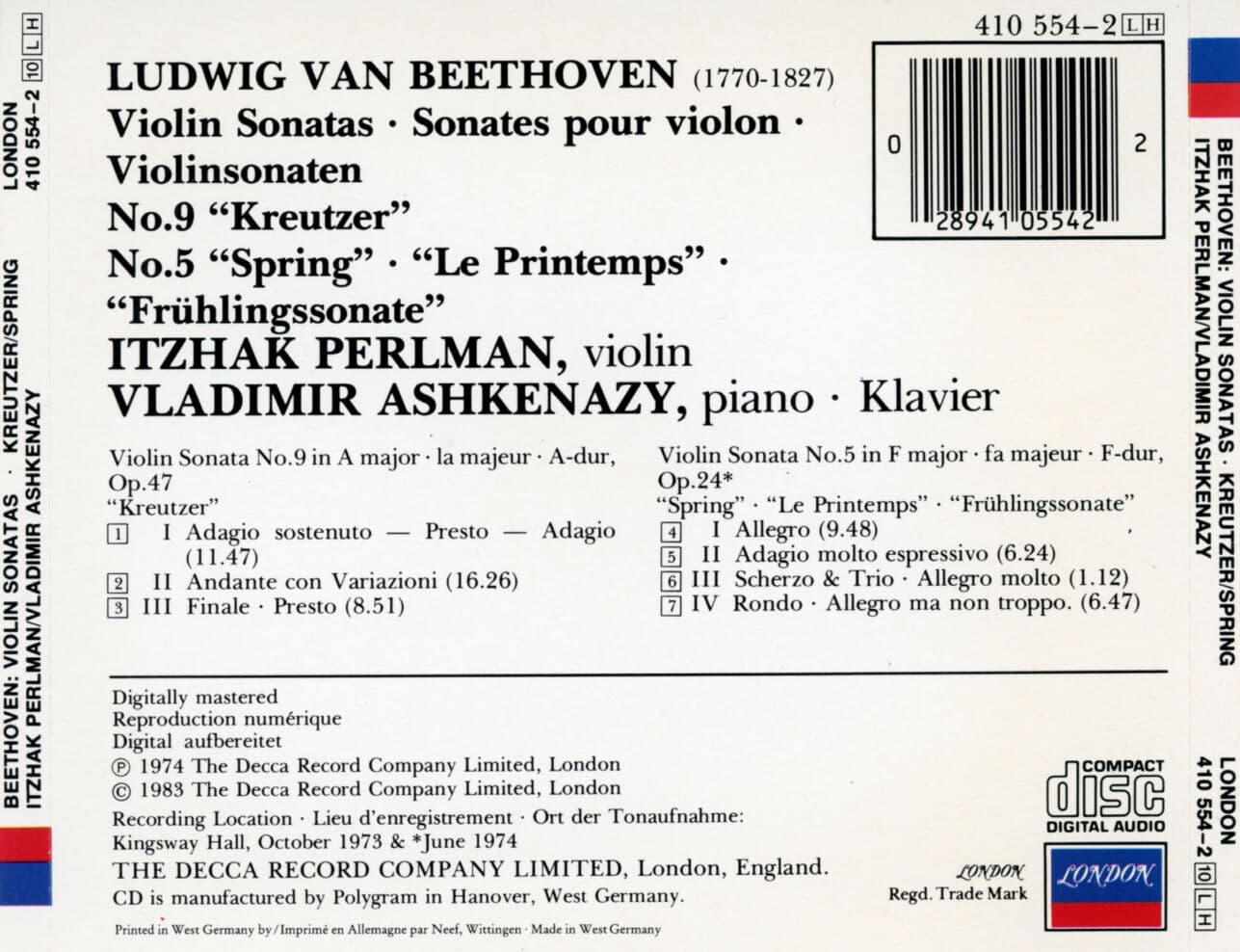 이작 펄만,아슈케나지 - Perlman,Ashkenazy - Beethoven Violin Sonatas Kreutzer Spring [독일발매]