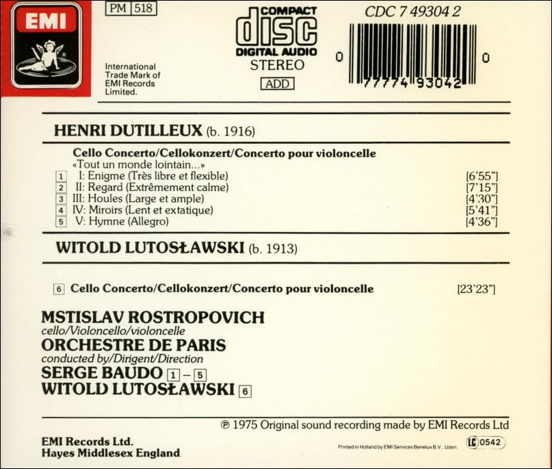 Lutoslawski , Dutilleux :  Cello Concertos - 로스트로포비치 (Mstislav Rostropovich) (유럽발매)