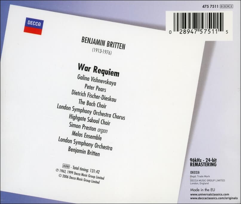 브리튼 (Britten) : 전쟁 레퀴엠 (Britten : War Requiem) - 갈리나 비슈네브스카야 (Vishnevskaya)(2CD)  (24bit)(EU발매)