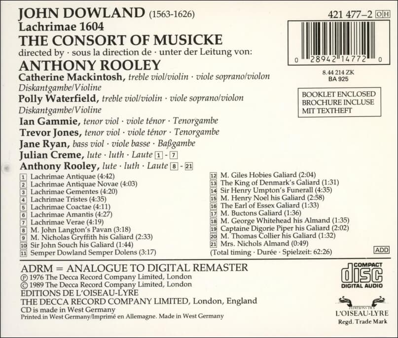 다울랜드 (John Dowland)  : Lachrimae, 1604 - 룰리 (Anthony Rooley)(독일발매)