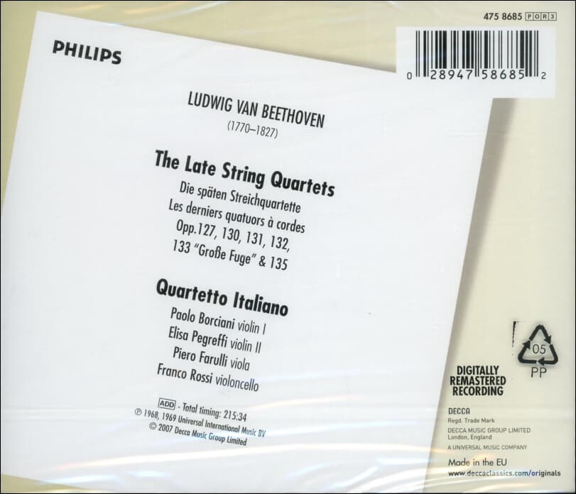 Beethoven :  The Late String Quartets (후기 현악 사중주) - 이탈리아 사중주단 (Italian Quartet)(3CD) (미개봉)(EU발매)