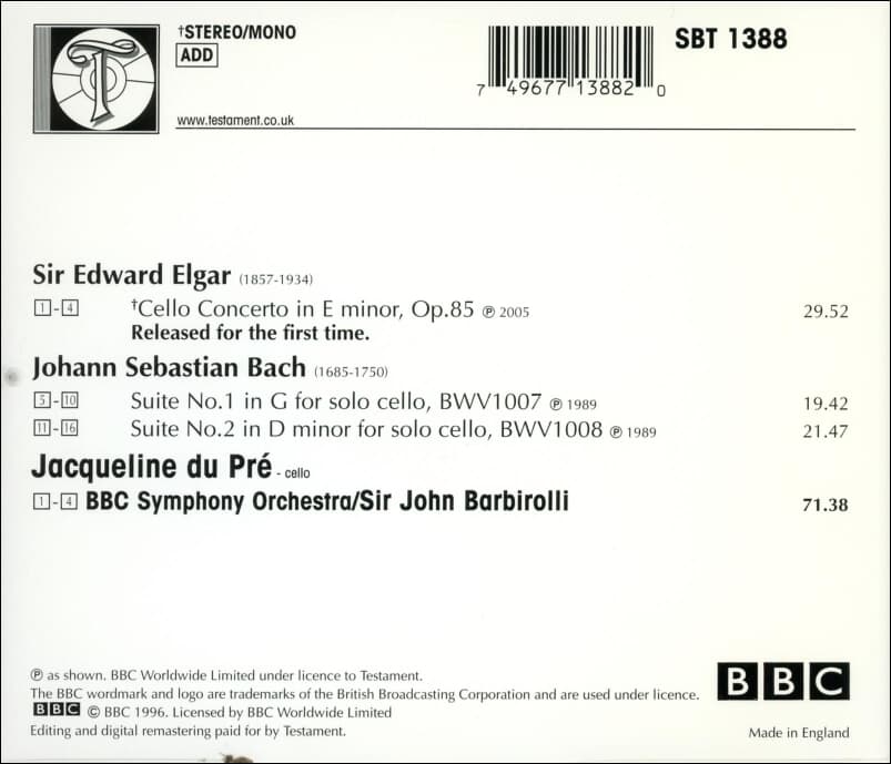 Elgar : 첼로 협주곡 & 바흐 : 첼로 조곡 1, 2번 -  뒤 프레 (Jacqueline Du Pre) , 바비롤리 (John Barbirolli)(UK발매)