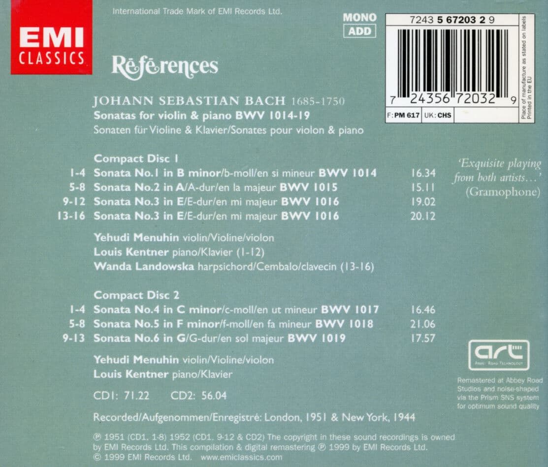 예후디 메뉴인 - Yehudi Menuhin - Bach Violin Sonatas 2Cds [E.U발매]