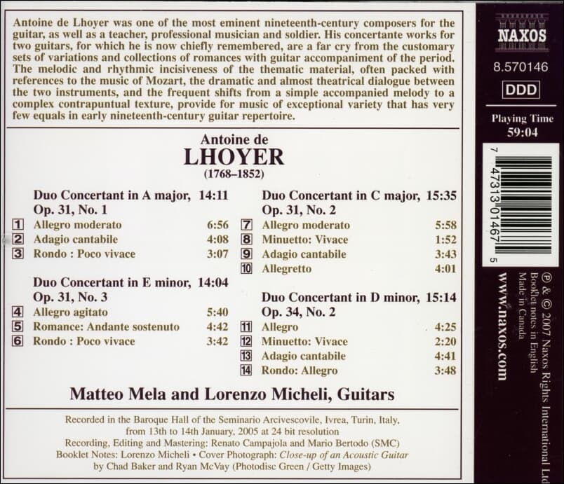 로예르 (Lhoyer) : Duos Concertants - 미첼리 (Lorenzo Micheli), 마테오 멜라 (Matteo Mela) (Canada발매)