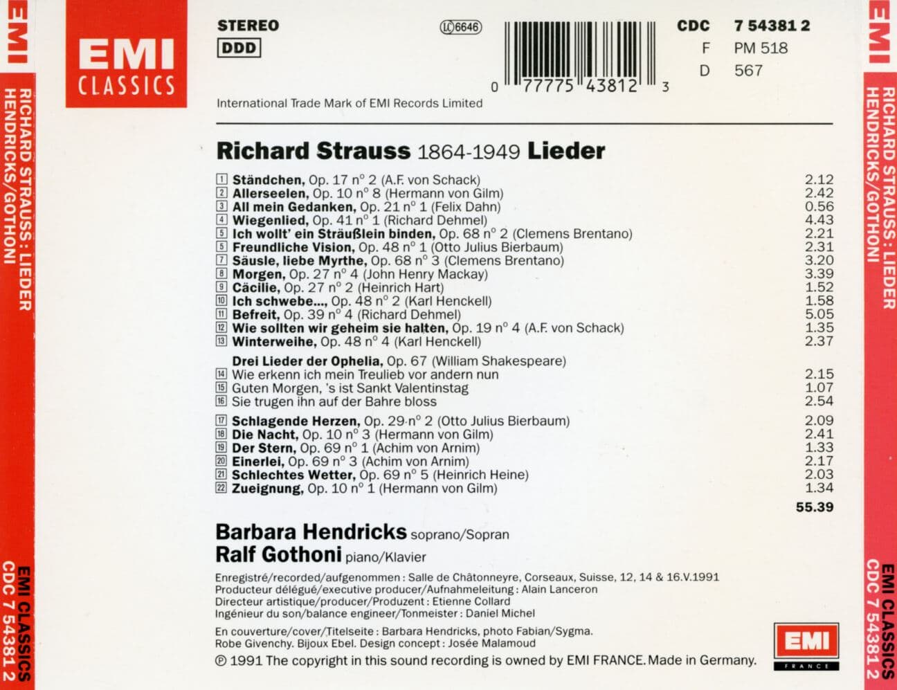 바바라 헨드릭스 - Barbara Hendricks - Richard Strauss Lieder [독일발매]