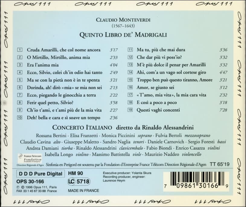 몬테베르디 (Claudio Monteverdi) :  Quinto Libro De' Madrigali (마드리갈) - 알레산드리니 (Rinaldo Alessandrini) (France 발매)