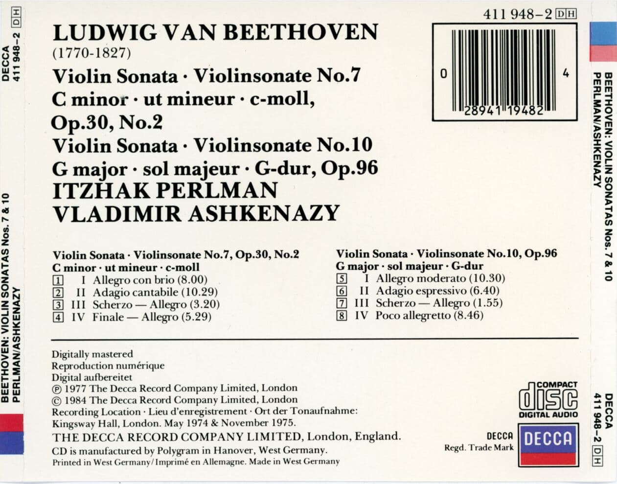 이차크 펄만,아슈케나지 - Perlman,Ashkenazy - Beethoven Violin Sonatas Violinsonaten No.7.. [독일발매]
