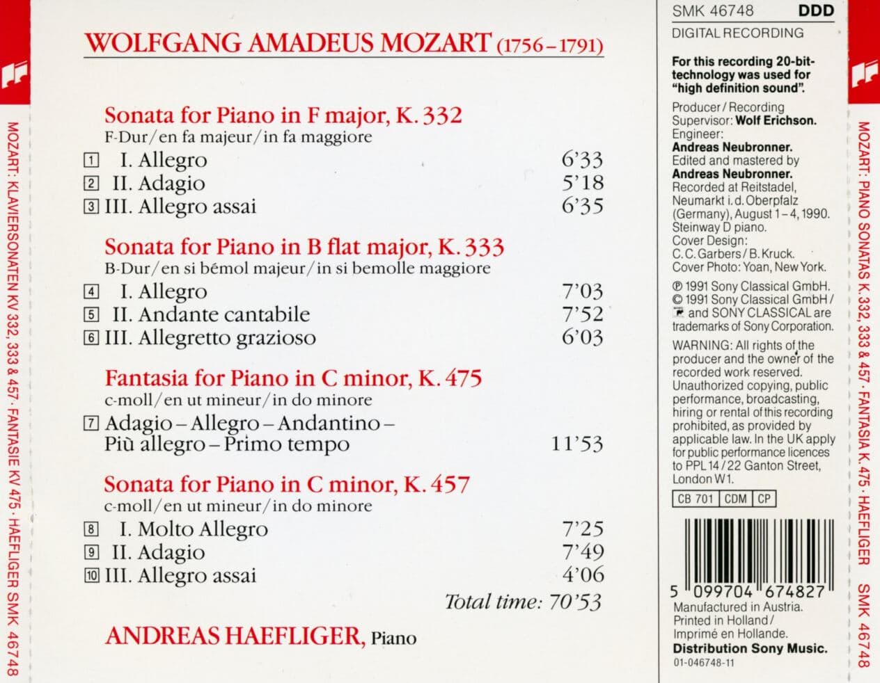 안드레아스 헤플리거 - Andreas Haefliger - Mozart Piano Sonatas F Major K.332,B Flat Major K.333 [홀랜드발매]