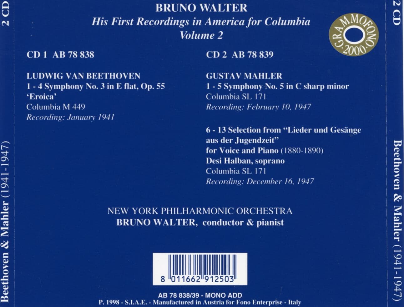 브루노 발터 - Beethoven & Mahler His First Recordings In America For Columbia Volume 2 2Cds [이태리발매]