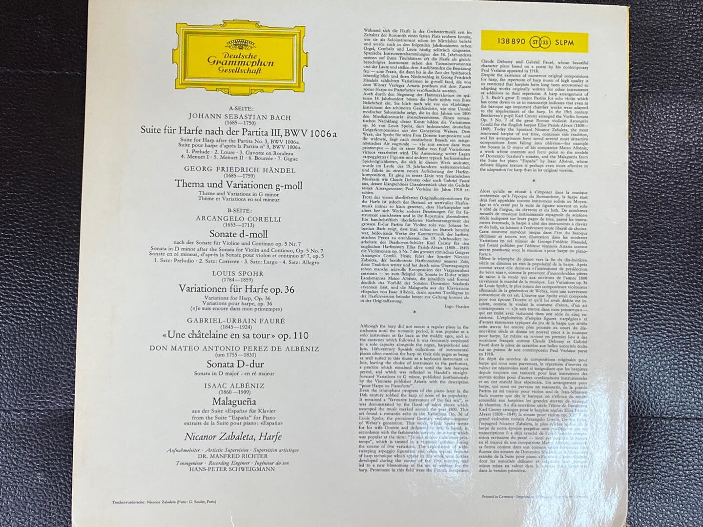 [LP] 니카노르 자발레타 - Nicanor Zabaleta - Bach,Handel,Corelli LP [빅튤립] [독일반]