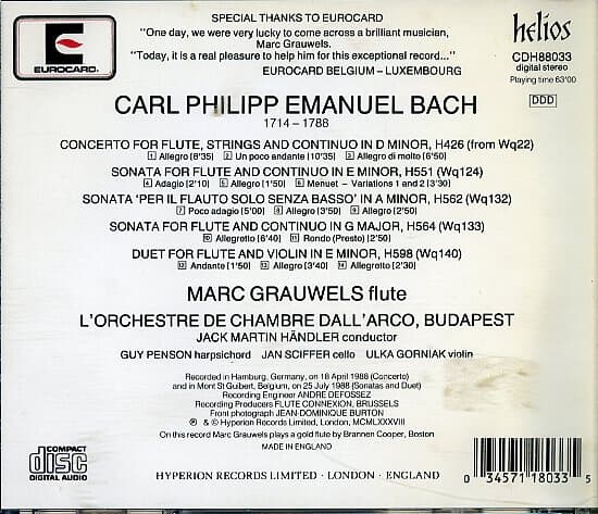 [수입] CPE Bach - Flute Concertos & Sonata / Marc Grauwels