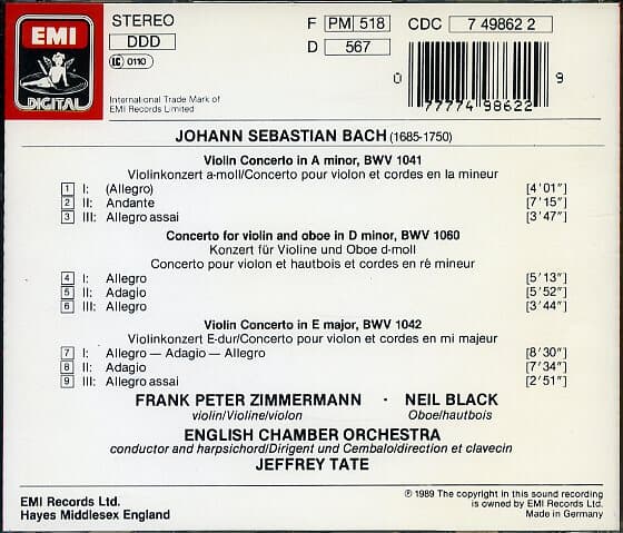[수입] J S Bach - Violin Concerto BWV 1041, 1042 / Concerto for Vioiln & Oboe BWV 1060 - Zimmermann