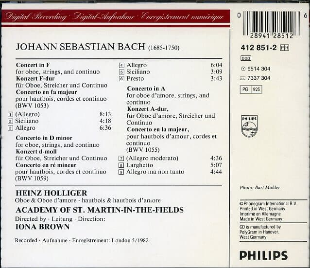 [수입] J S Bach - 3 Oboe Concertos BWV 1053, 1055, 1059 - Holliger / Brown