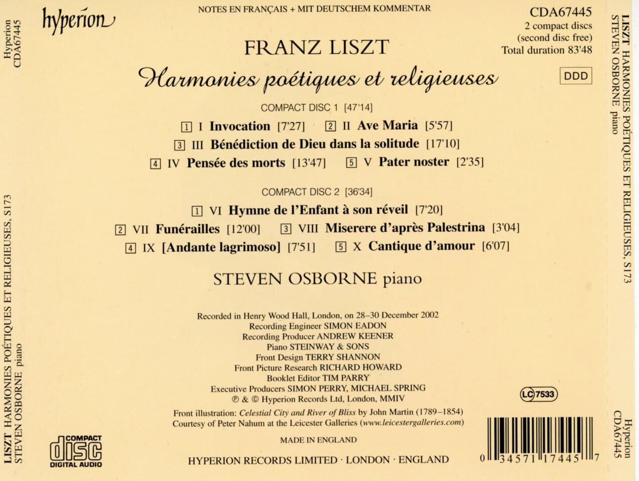 스티븐 오스본 - Steven Osborne - Liszt Harmonies Poetiques Et Religieuses (시적이고 종교적인 선율) 2Cds [U.K발매]