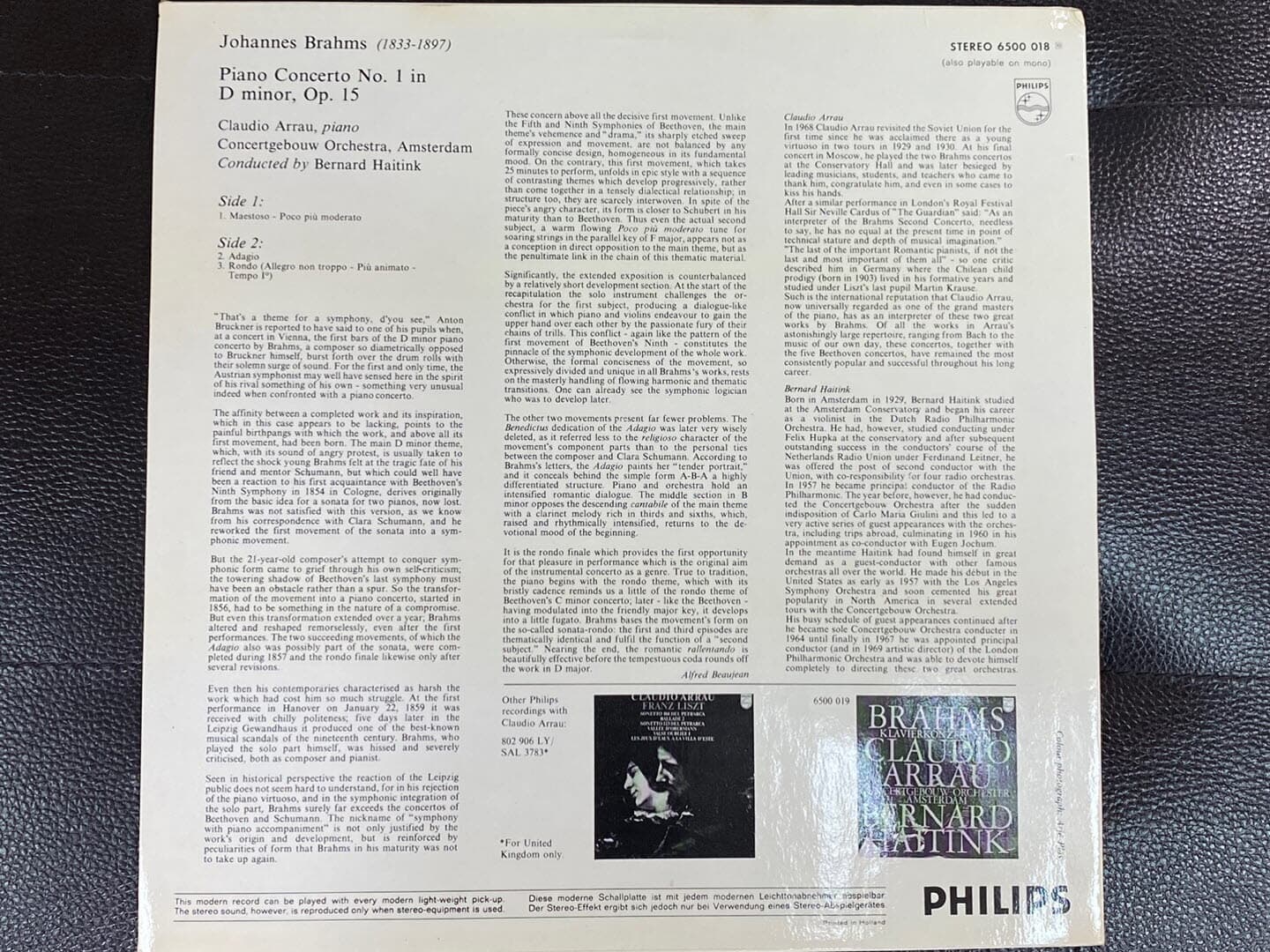 [LP] 클라우디아 아라우,베르나르트 하이팅크 - Claudio Arrau,Bernard Haitink - Brahms Piano Concerto No.1 LP [홀랜드반]