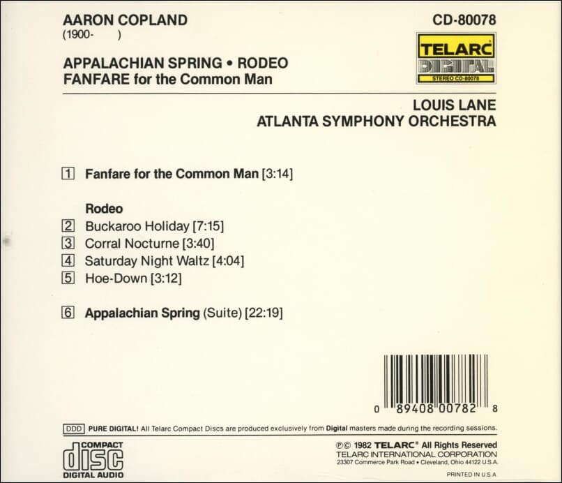 코플랜드 (Aaron Copland) : Appalachian Spring애팔래치아의 봄 - 레인 (Louis Lane) (US발매)