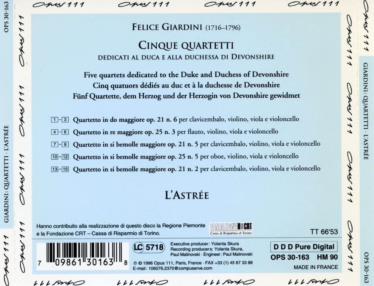 Giardini Cinque Quartetti Dedicati Ai Duchi Di Devonshire L`Astree [프랑스발매]