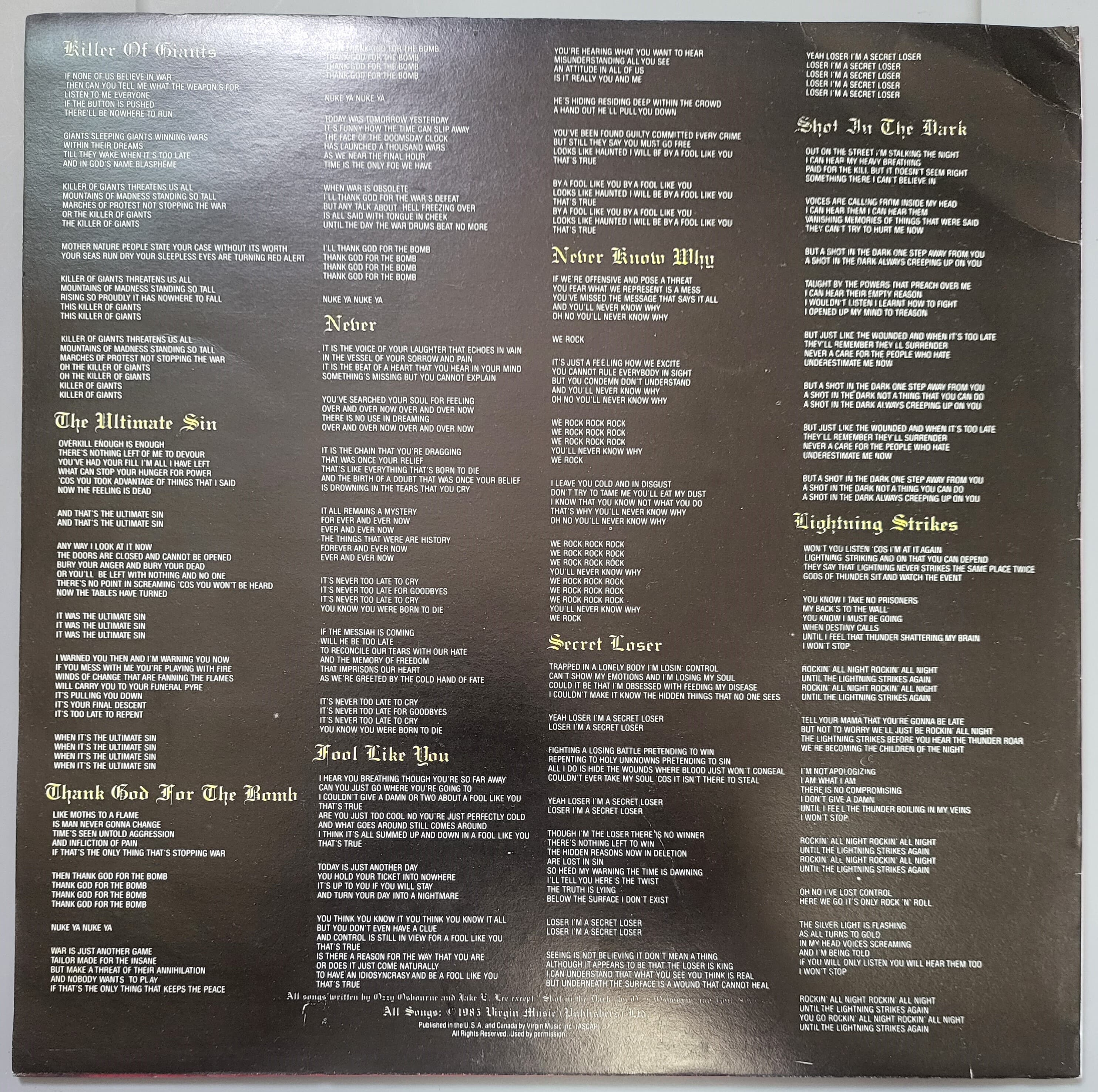 오지 오스본 (Ozzy Osbourne) - The Ultimate Sin (개봉, Copy LP)