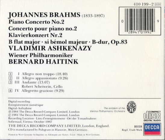 [수입] Brahms - Piano Concerto No.2 : Ashkenazy / Haitink