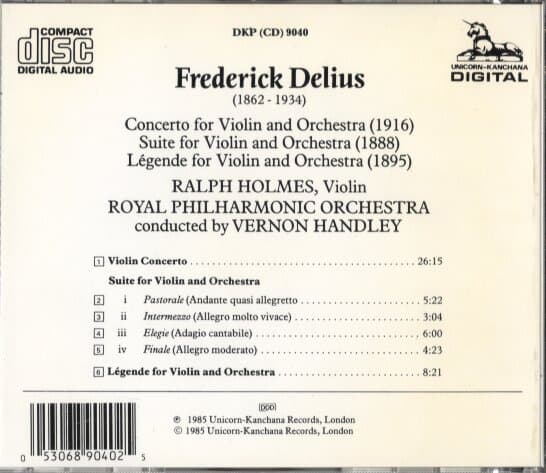 [수입] Delius - Violin Concerto / Suite & Legende for Vioilin : Holmes / Handley