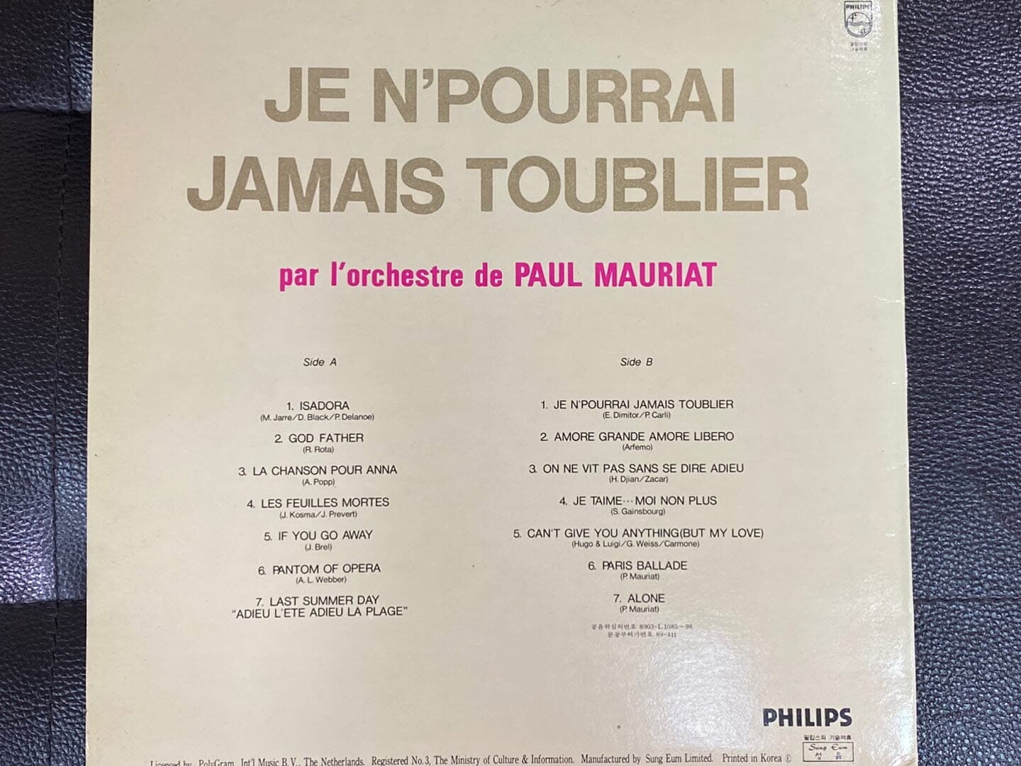 [LP] 폴 모리아 - Paul Mauriat - Je N'pourrai Jamais T'oubli LP [성음-라이센스반]