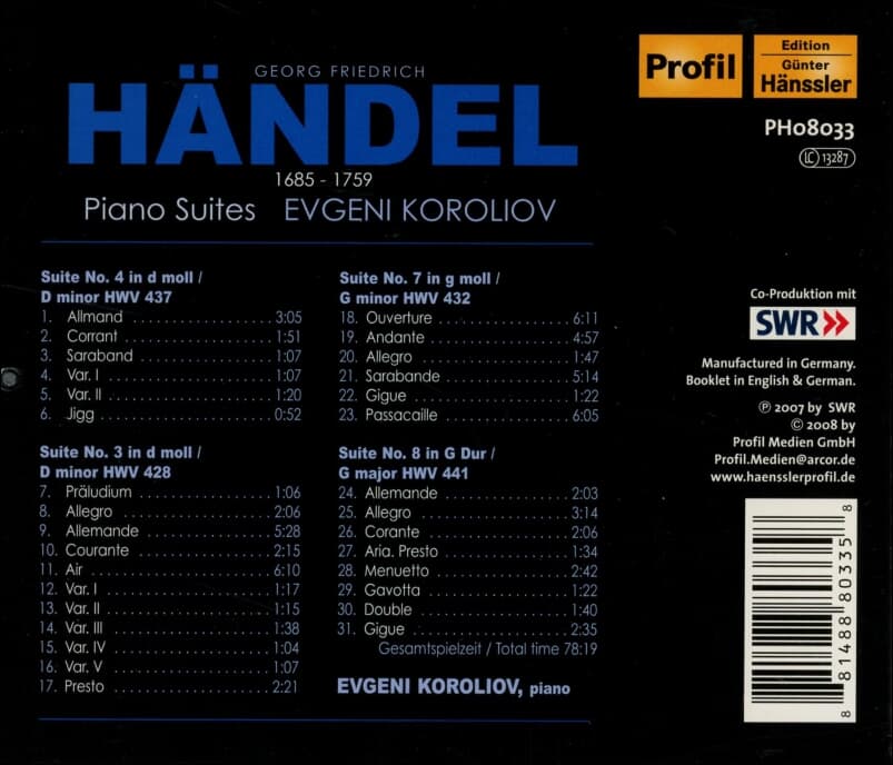 헨델 (George Friderich Handel) : 건반 모음곡 (Piano Suites) -  코롤리오프 (Evgeni Koroliov)(독일발매)
