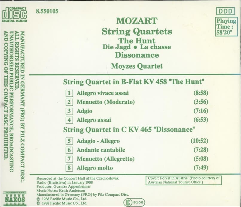 Mozart : The Hunt / Dissonance , 사냥 외 -  모이지스 현악 사중주단 (Moyzes String Quartet)(독일발매)