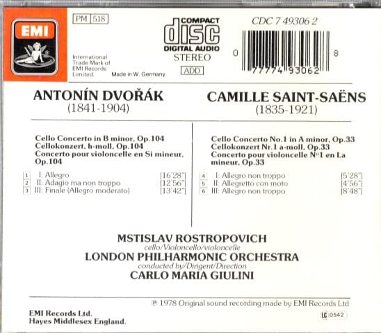 [수입] Dvorak / Saint-Saens Cello Concertos : Rostropovich / Giulini