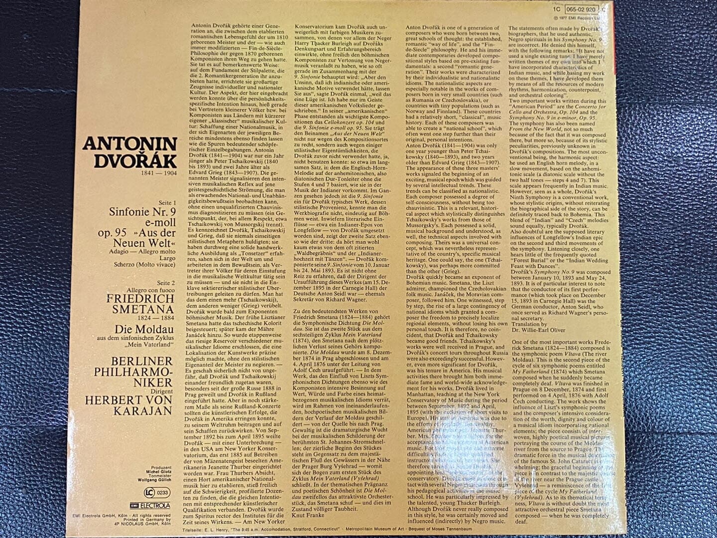[LP] 카라얀 - Karajan - Dvorak,Smetana Aus Der Neuen Welt,Die Moldau LP [독일반]