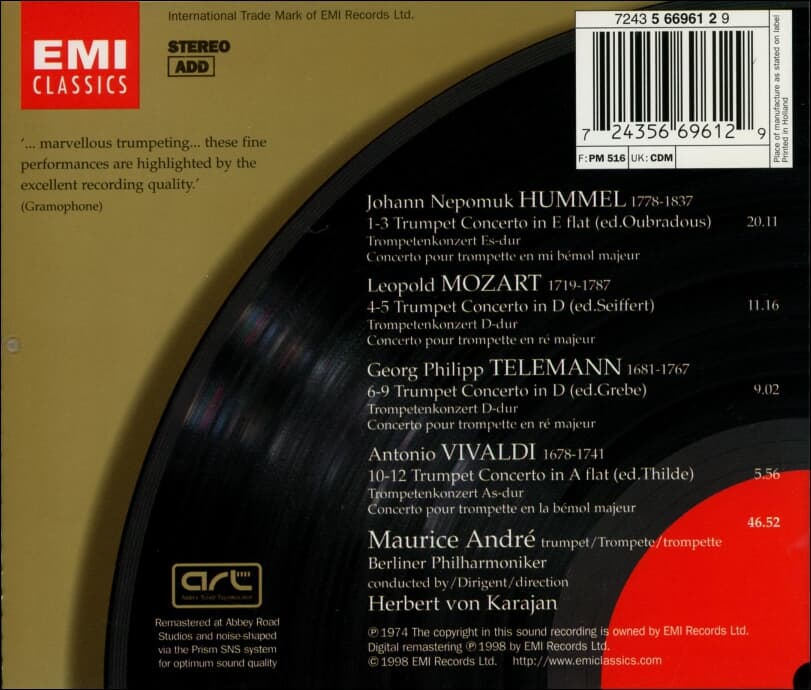 Vivaldi : Trumpet Concertos (트럼펫 협주곡) - 앙드레 (Maurice Andre) , 카라얀 (Karajan) (유럽발매)