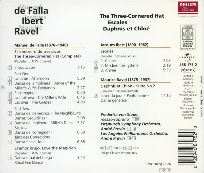 Falla : The Three Cornered Hat Escales Daphnis et Chloe  - 프레빈 (Andre Previn)(독일발매)