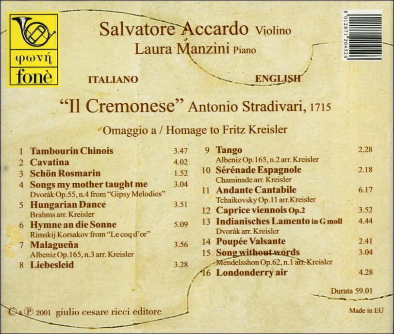 크라이슬러 헌정 앨범 Stradivari: "Il Cremonese" - Homage To Fritz Kreisler - 아카르도 (Salvatore Accardo)(EU발매)