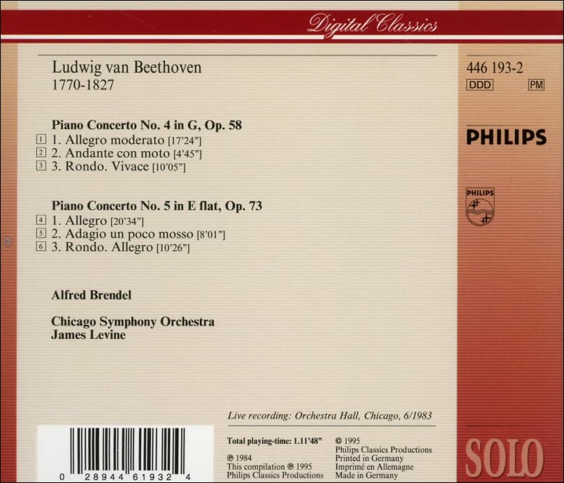 Beethoven : Klavierkonzerte Nr. 4 & 5 - 제임스 레바인 (James Levine) (독일발매)