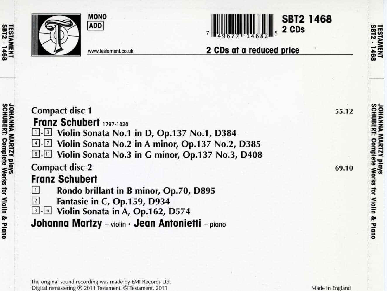 요한나 마르치 - Johanna Martzy - Schubert Complete Works For Violin & Piano 2Cds [U.K발매]