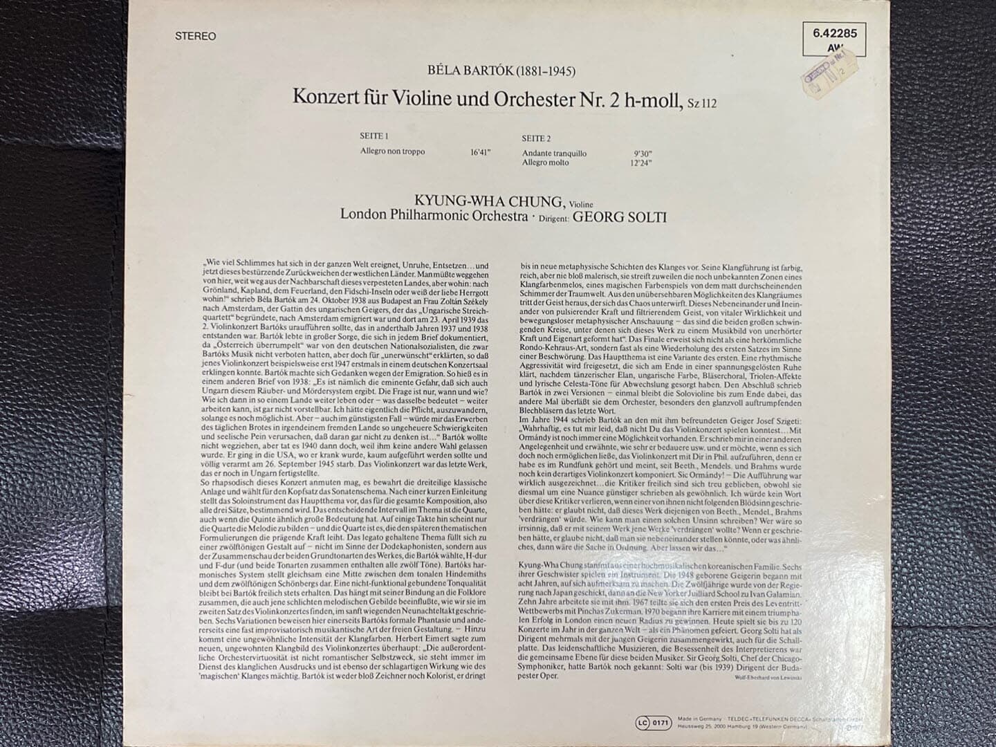 [LP] 정경화,게오르그 솔티 - Bartok Violin Concerto No.2 in B minor LP [독일반]