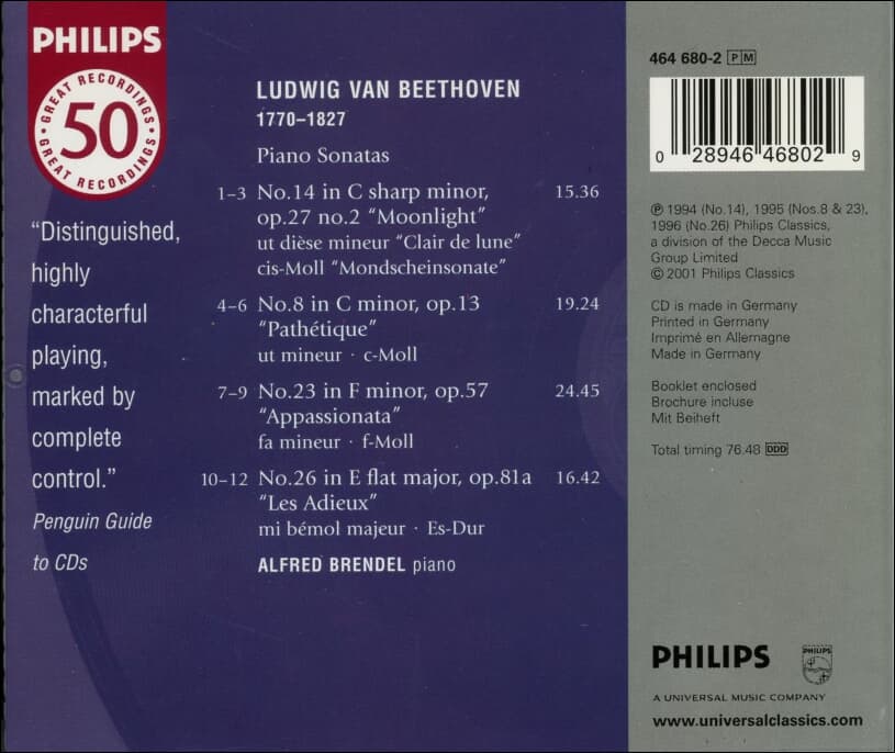 Beethoven : 피아노 소나타 8,14,23,26 ‘월광,비창,열정,작별‘ - 브렌델 (Alfred Brendel) (독일발매)