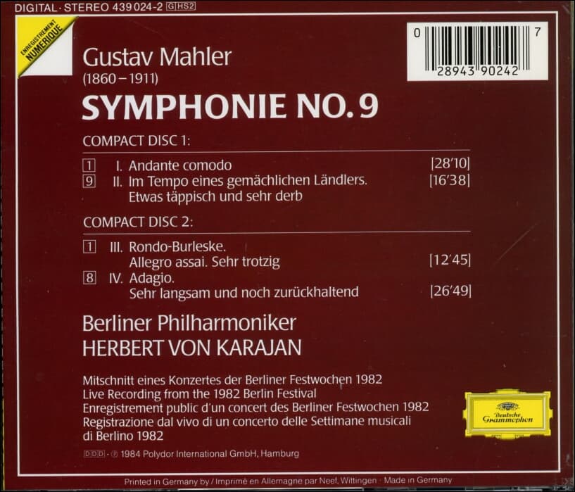 말러 (Gustav Mahler) : Symphonie No. 9 - 카라얀 (Herbert Von Karajan) (2CD) (독일발매)