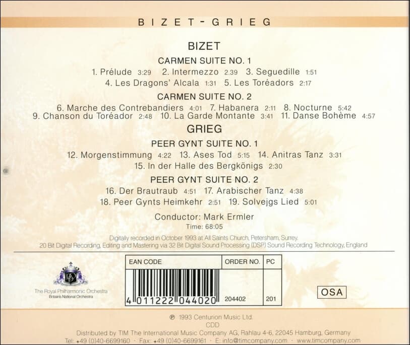 Bizet ,Grieg : Carmen Suites Nos. 1 , Peer Gynt Suites Nos. 1 & 2 -  에름레르 (Mark Ermler) (유럽발매)