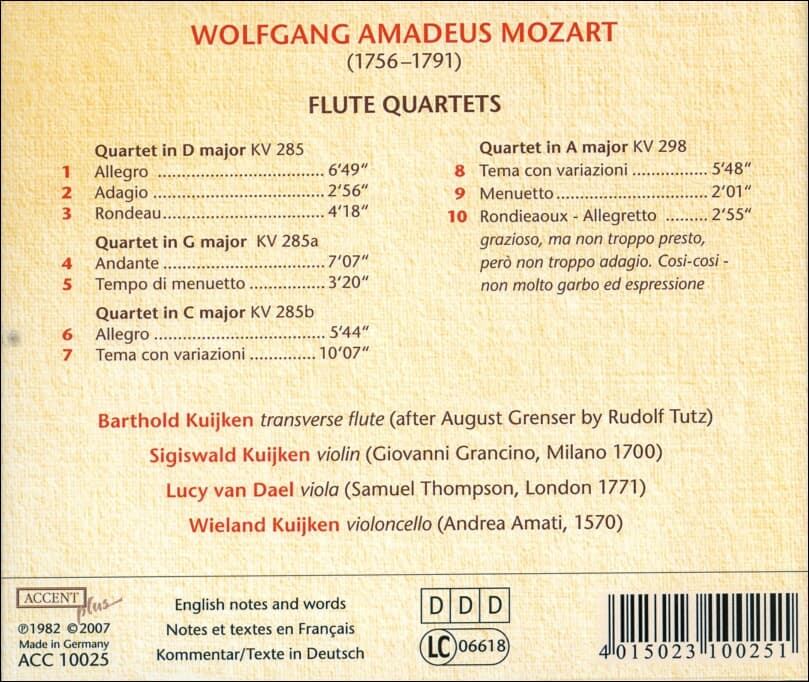 Mozart :Flute Quartets (플루트 사중주집) - 카위컨 (Barthold Kuijken)반 달 (Lucy Van Dael) (독일발매)