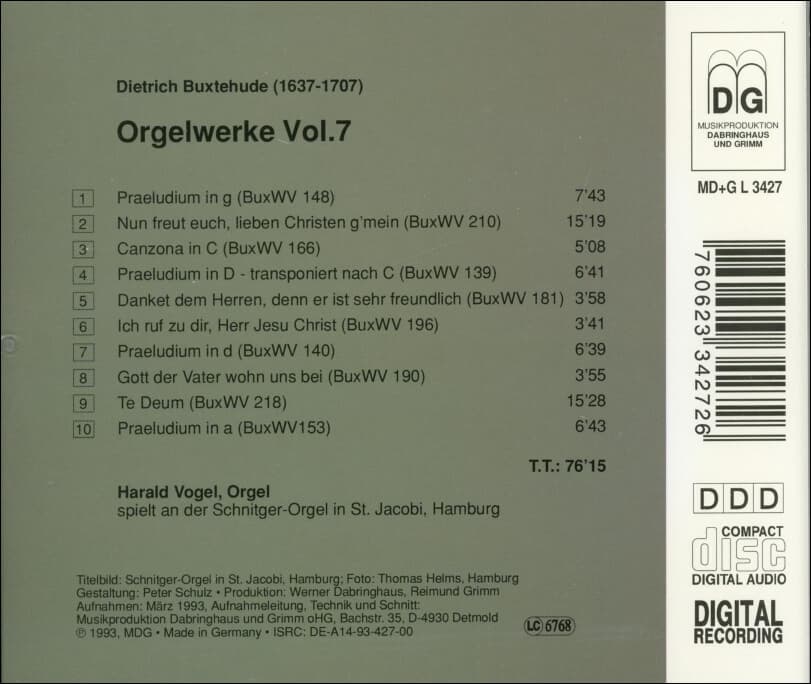 북스테후데 (Dietrich Buxtehude) : Orgelwerke Vol. 7 (오르간 작품집 7집) - 포겔 (Harald Vogel)(독일발매)