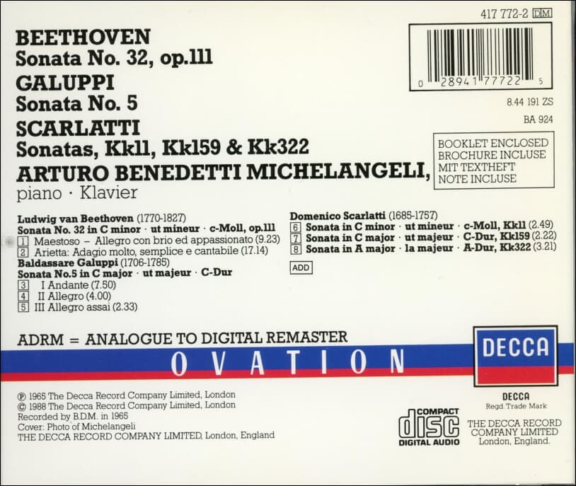 Beethoven : Sonata No. 32, Op. (갈루피 & 스카를라티) - 미켈란젤리 (Arturo Benedetti Michelangeli) (유럽발매)